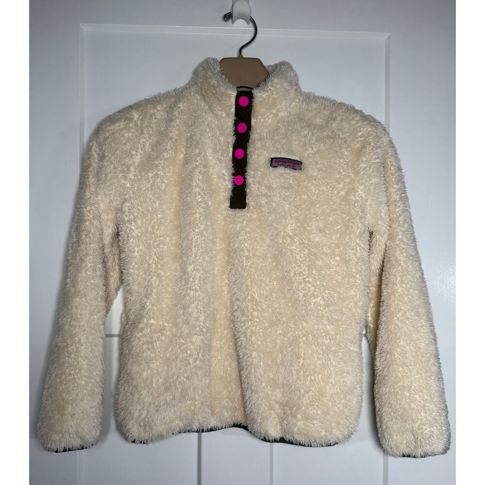 Vineyard Vines Teddy Fleece Snap Pullover Girls size L (14) Off White Pink Green
